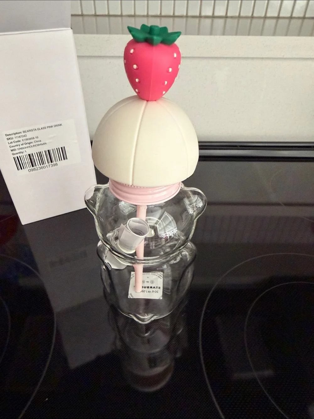 NWT-In Box Sokd out Starbucks Pink & White Bear Bottle with Strawberry Topper